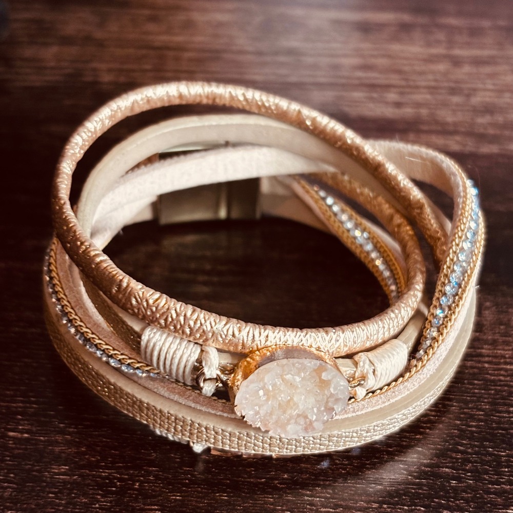 Champagne Gold Multi-Strand Wrap Bracelet Druzy Stone Magnetic Clasp Boho
